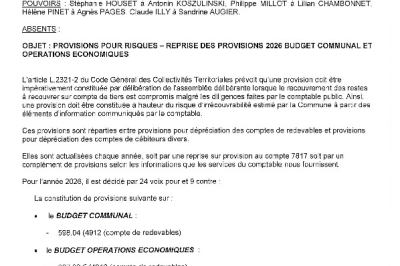 Délibération CM du 03/02/2026 - Provisions pour risques - Budget communal et BOE