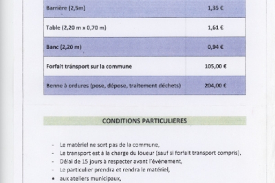 Tarifs de locations de matériel