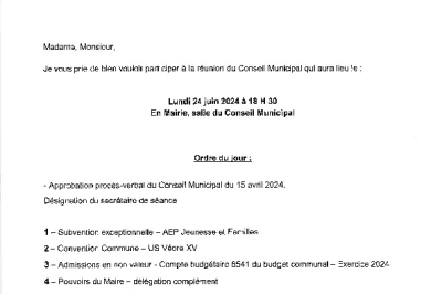 Ordre du jour du conseil municipal du 24-06-2024