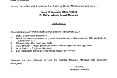 Ordre du  jour du conseil municipal du 18-12-2023