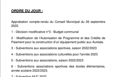 Ordre du jour du conseil municipal du 21-11-2022